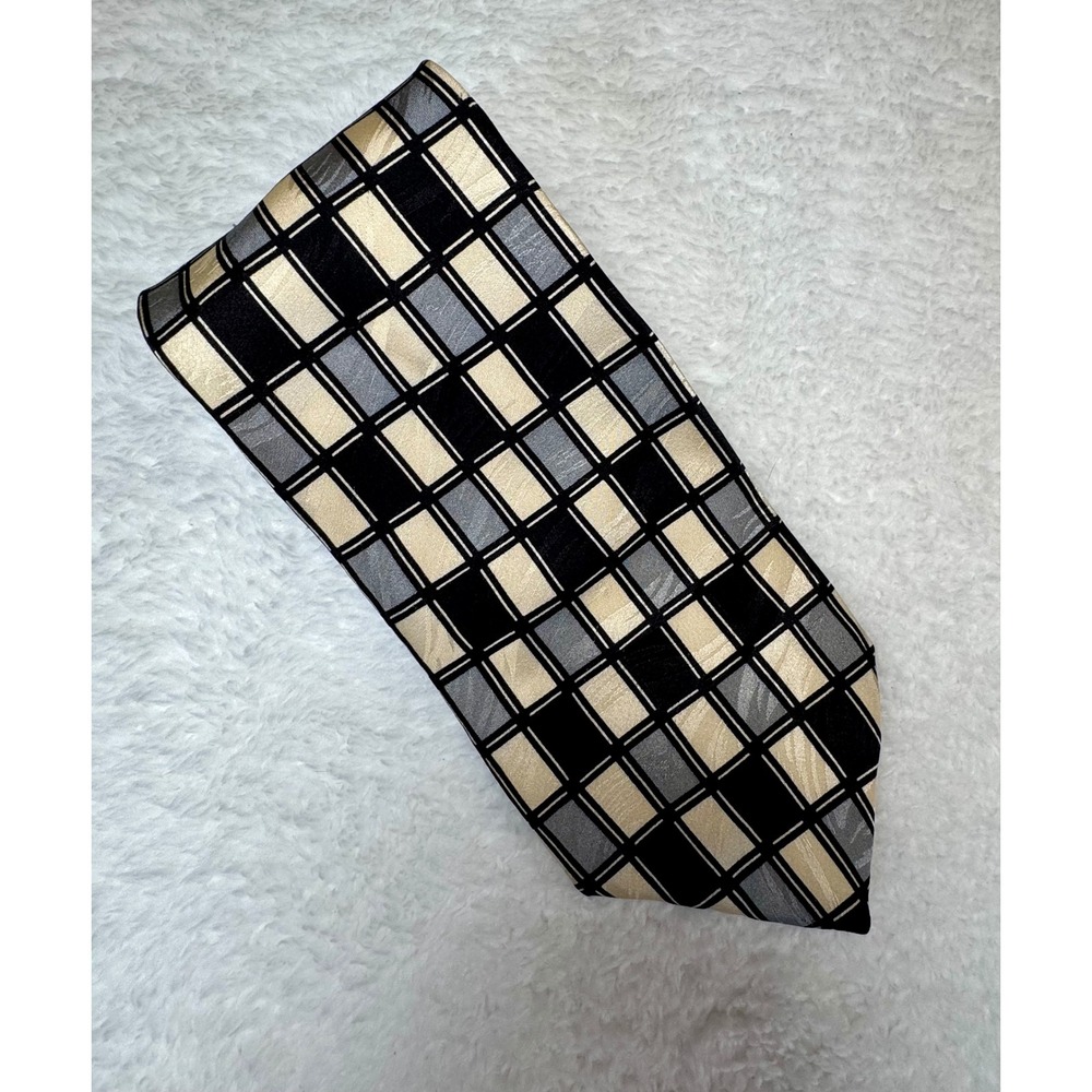 Umberto Bossi Necktie Black Silver Cream Silk Geometric  Width 3.75" Length 58"